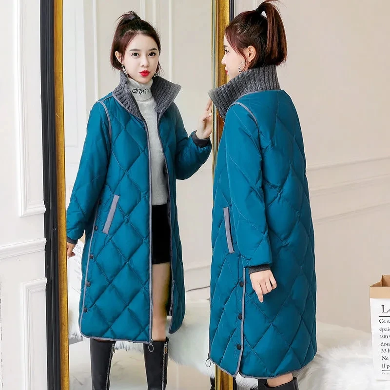 Winter Knit Stand Collar Long Parkas Women Korean Fashion 4xl Oversize Snow Overcoat Zip Up Vintage Design Warm Cotton Jackets