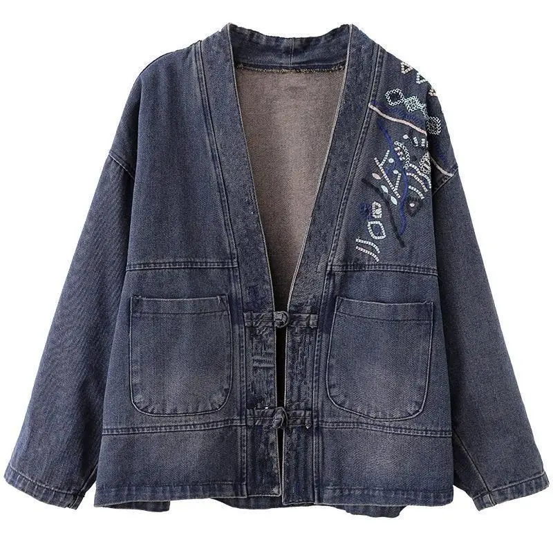 

2023 Fashion Vintage Embroidered Denim Short Coat Women New Loose Cardigan Disc Button Long Sleeve Chinese Top Autumn Harajuku