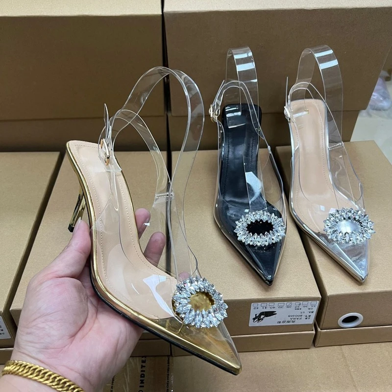 

Elegant High Heels Women's Shoes Fashion Summer 2022 Party Ladies Sandals Sexy Transparent Back Strap Crystal Female Stilettos