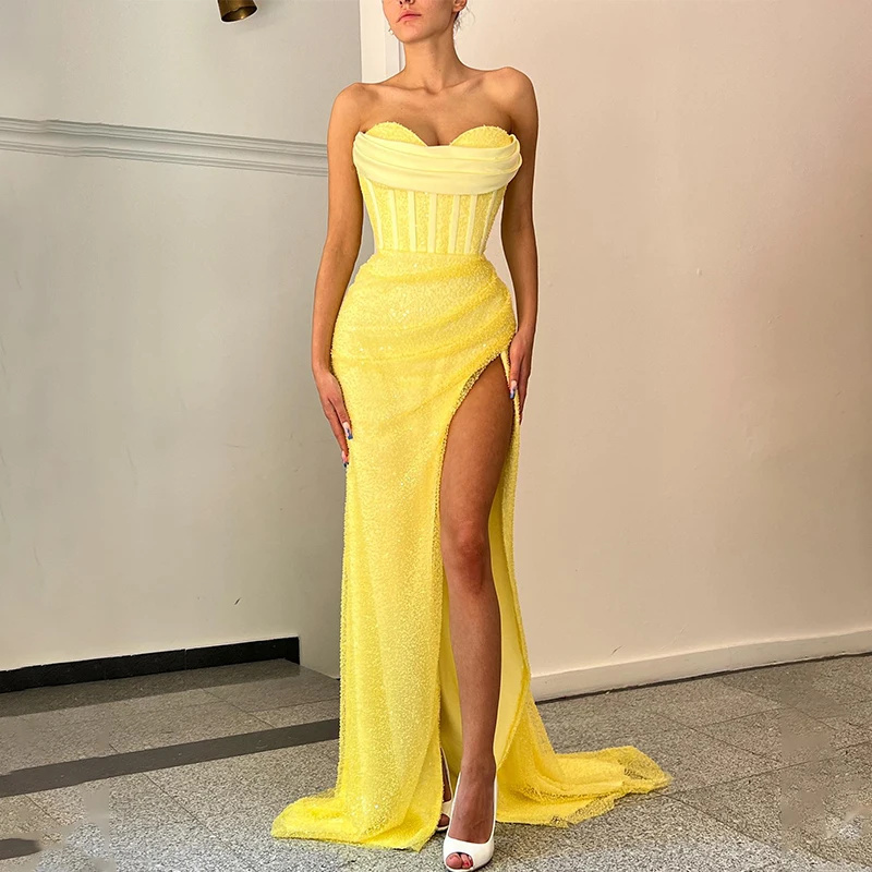 

Yellow Stunning Sequined Sweetheart Sheath Evening Dresses Side Slit Formal Party Grown Prom Dresses 2023