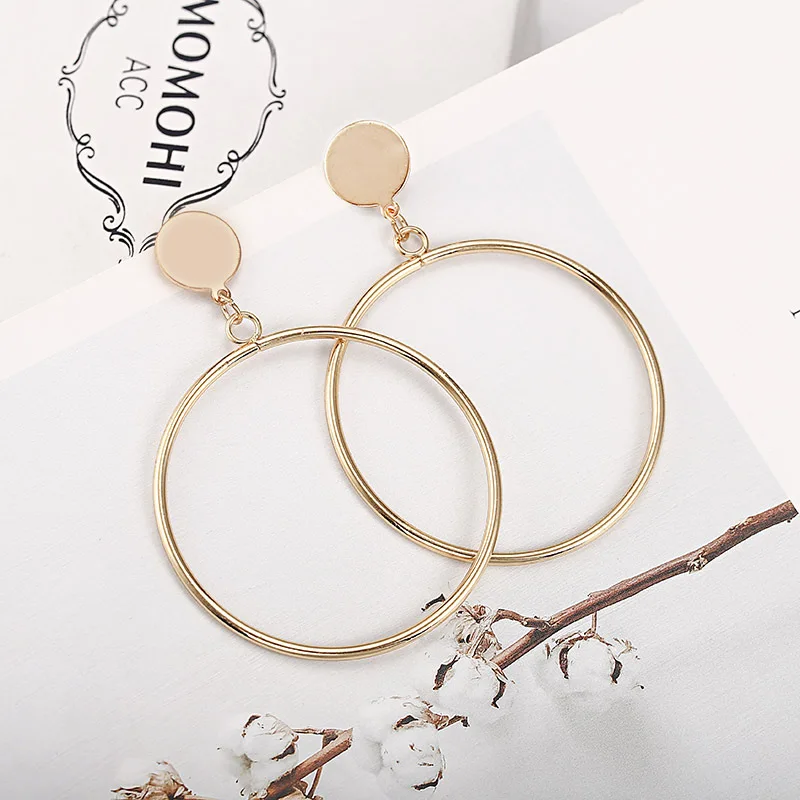 

Korean Fashion Simple Gold Color Silver Plated Geometric Big Round Earrings for Women Fashion Big Hollow Drop Earrings Jewelry