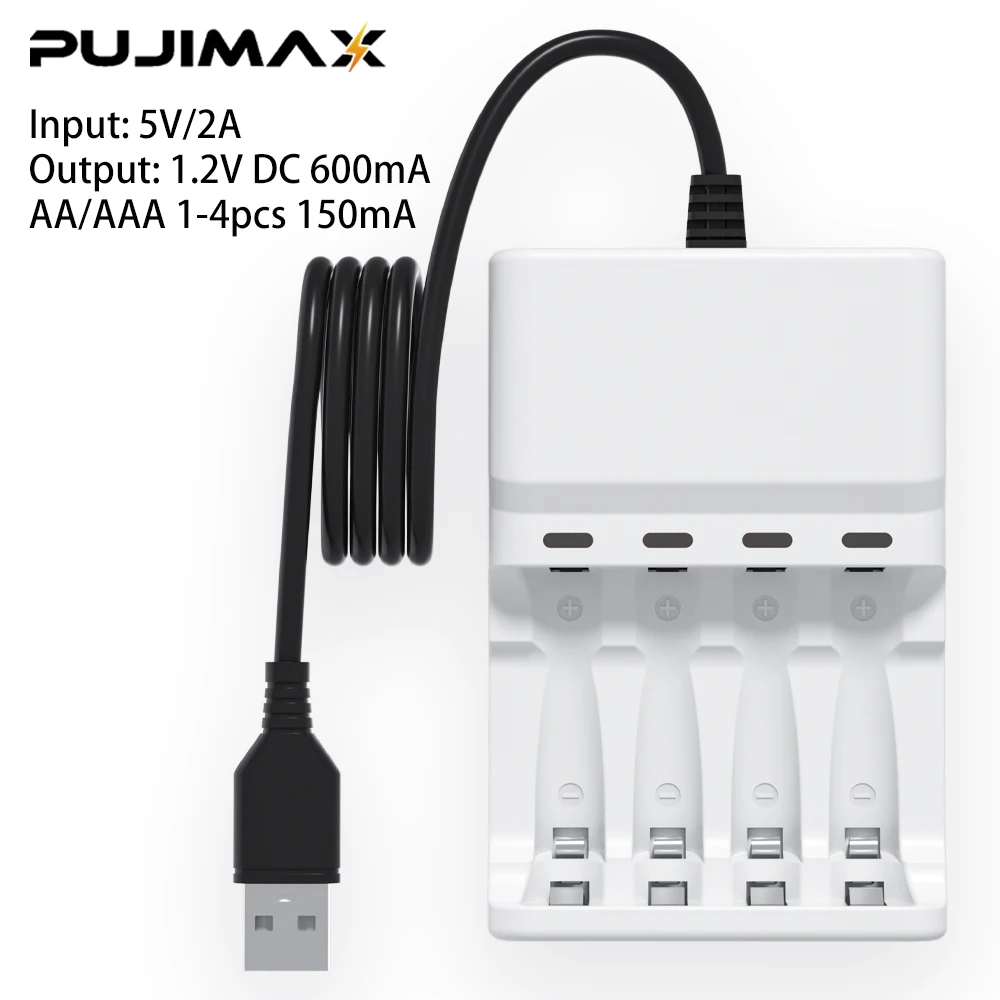 Фото Быстрое зарядное устройство PUJIMAX для аккумуляторов AA/AAA с USB-кабелем, 4 слота, LED-дисплей, умное зарядное устройство для перезаряжаемых аккумуляторов Ni-HM/Ni-Cd 1.2V №2