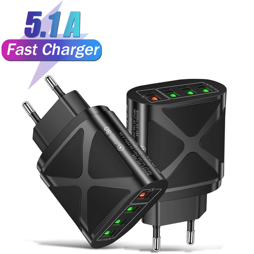 

5.1A USB 4 Ports Quick Charge Charger QC 3.0 PD Wall Mobile Phone Fast Charging For iPhone Xiaomi Huawei Travel Adapter US/EU/UK
