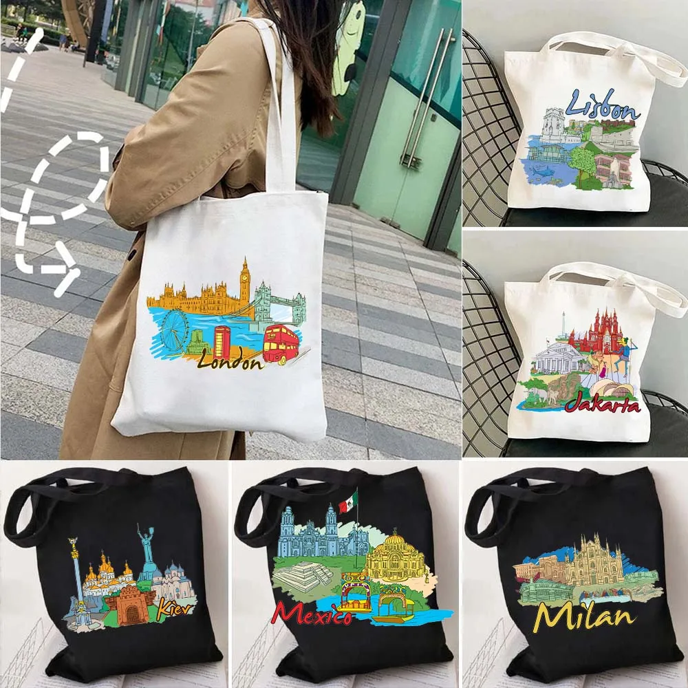 Жакарта, джежом, Киев, Куала-Лумпур, Лиссабон, Лондон, холст, сумка-тоут, Мадрид, Мексика, Майами, Милан, ручная роспись, хлопковые сумки