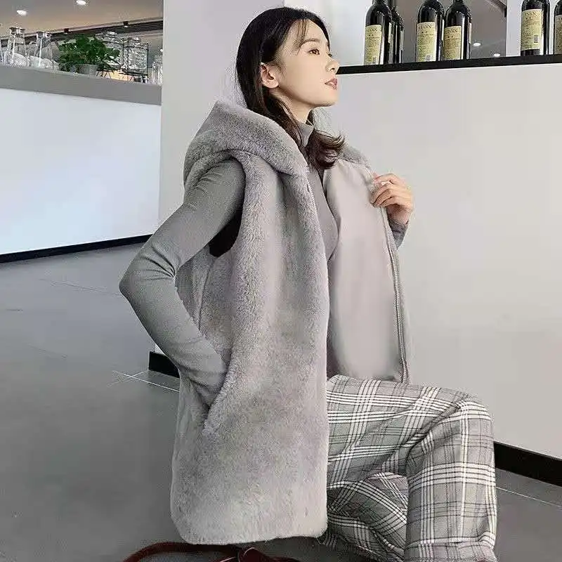 Faux Fur Vest Winter Coat Women Hooded Fur Waistcoat Warm Jackets Sleeveless Cardigan Korean Fashion