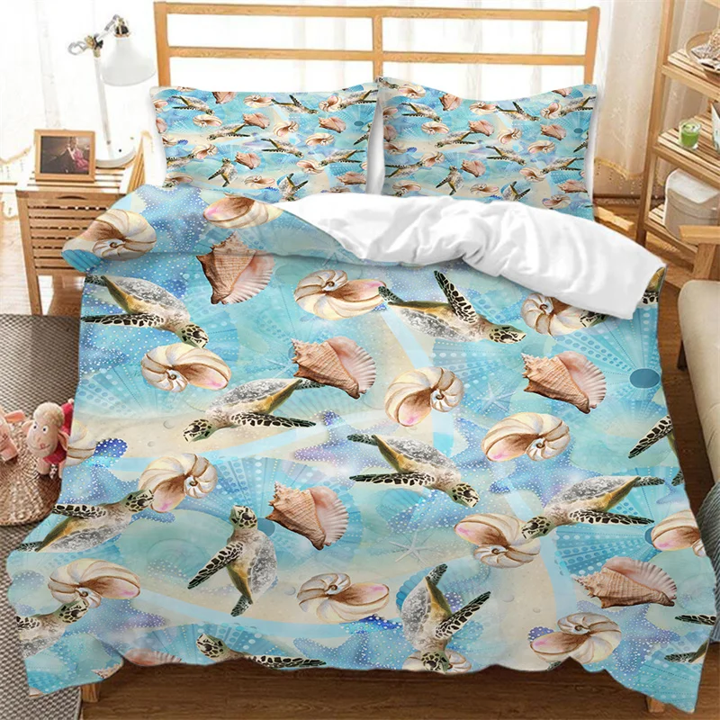 

Sea Animal Turtle Bedding Set Queen Microfiber Dolphin Octopus Conch Starfish Quilt Cover Ocean Theme Duvet Cover For Boys Girls