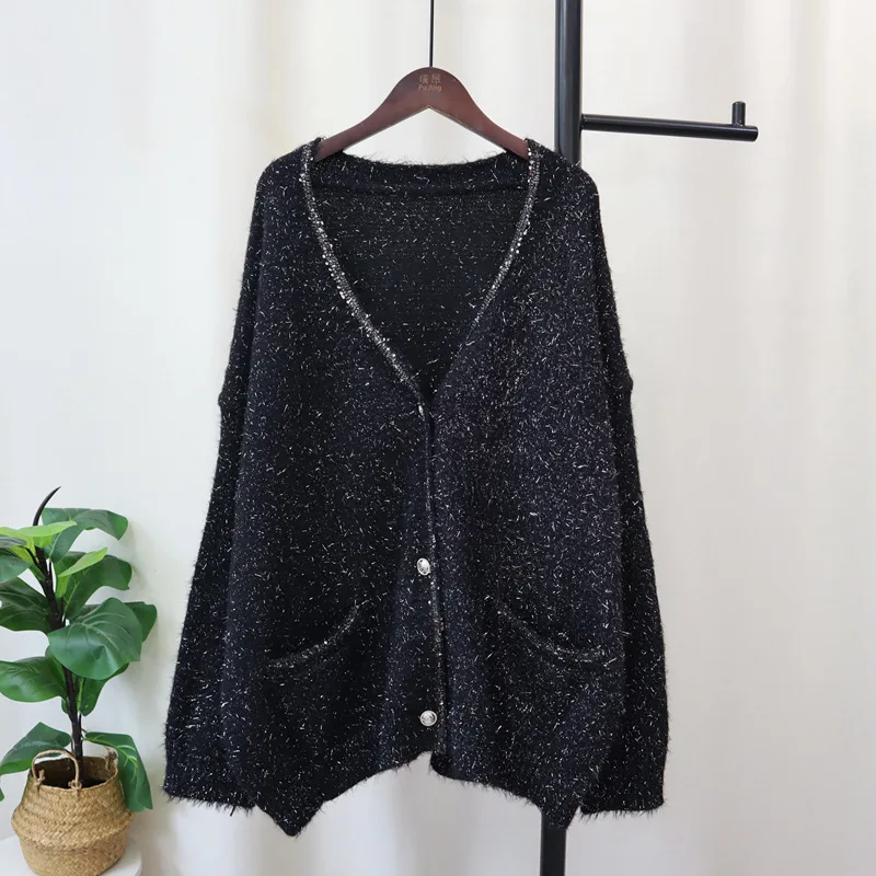 DEAT женский кардиган свободный с длинным рукавом яркий шелковый дизайн блестки