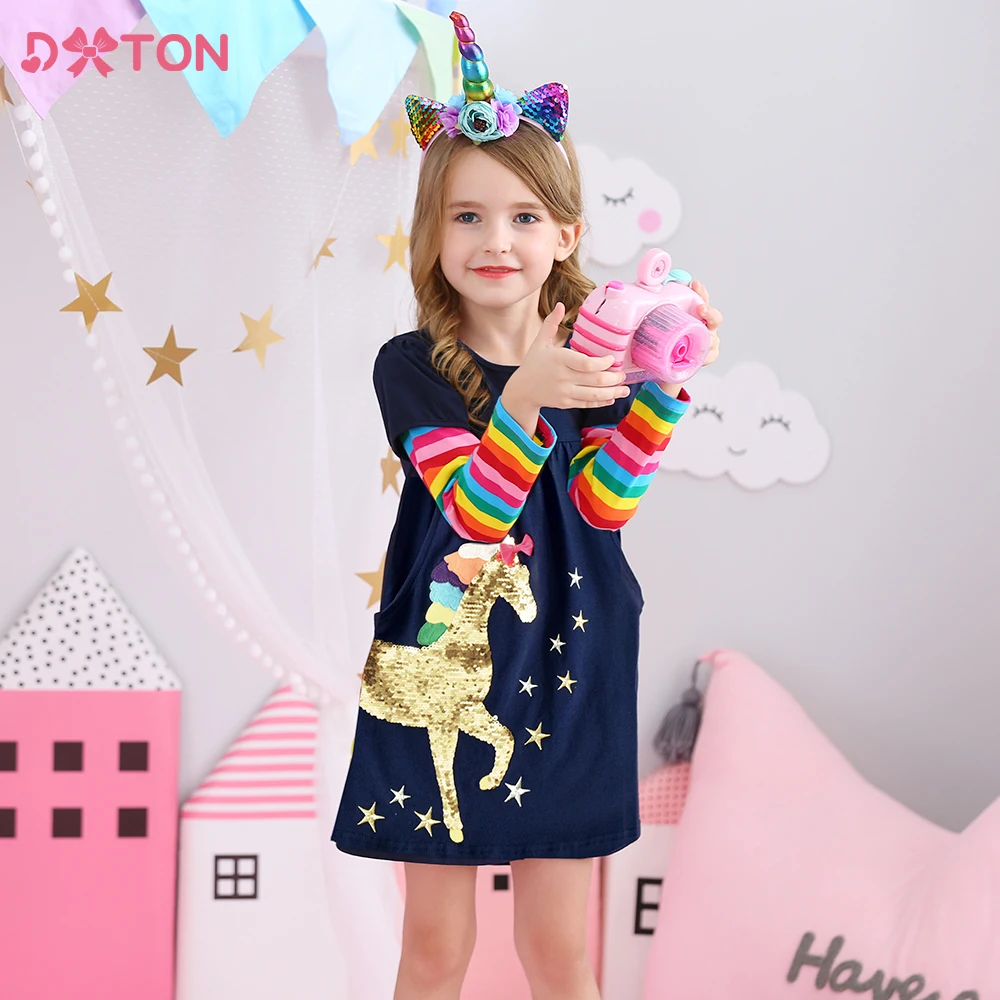 

DXTON Spring Children Unicorn Dress For Girls Kids Clothes Sequin Cotton Girls Dress Rainbow Long Sleeve Casual Kids Dress 3-12Y