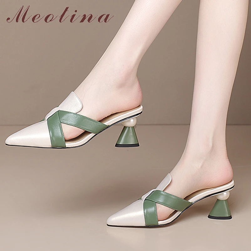 Meotina Women Genuine Leather Mules Pointed Toe High Heel Pumps Strange Style Pearl Mixed Colors Concise Ladies Shoes Black 42