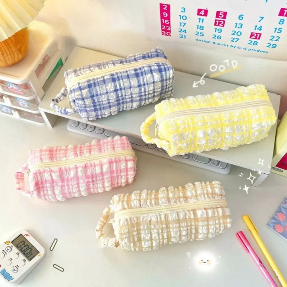 

Girls Large Capacity Seersucker Desktop Storage Bags Plaid Cosmetics Bag Pencil Case Stationery Bag Pencil Pouch