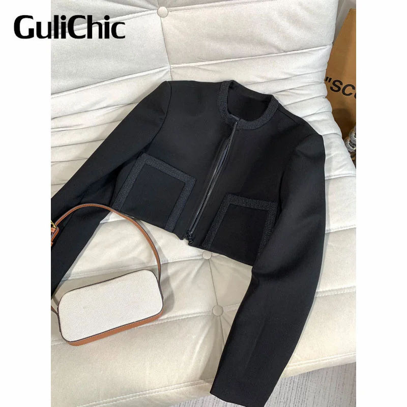 

11.2 GuliChic Women Simple Fashion Tweed Spliced Black Short Zipper Jacket