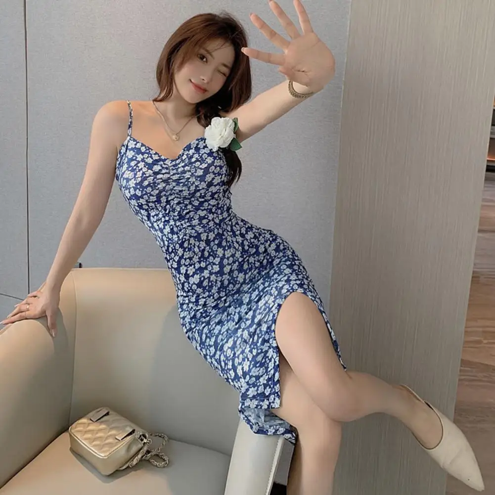 

Women Strappy Dress Flower Print Backless Sleeveless Lady Sundress Side Split Pleated Dress Up Low-cut Party Dress