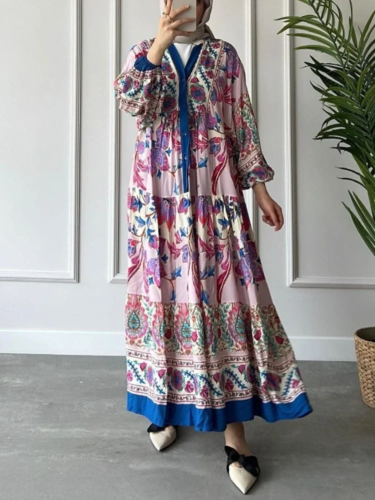 Eid мусульманское платье для женщин Abaya печать Jalabiya Boho Макси платья вечеринки