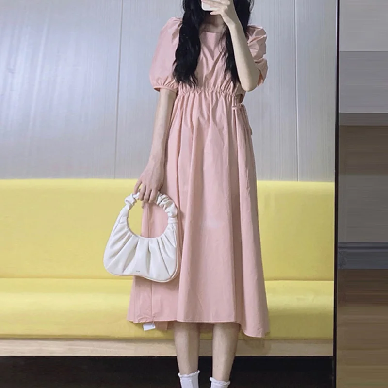 

French Style Chic Puff Sleeve Dresses for Women Sweet Pink Dress Summer 2023 New Short Sleeve Summer Party Dresses Robe 25686