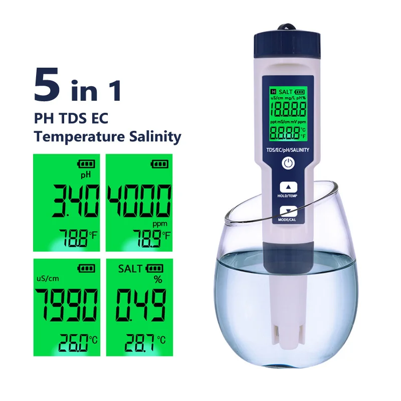 

5in1 Water Quality Tester Digital Meter Water Quality Analyzer Detector PH TDS EC Temperature Salinity Testing IP67 Waterproof