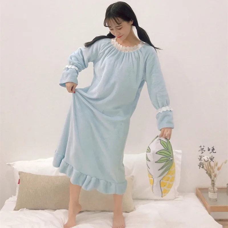 

Sweet Princess Nightgowns Women Loose Flannel Soft Winter Warm Lolita Pajamas Home Lounge Wear Nightdress Korean Lace Homewear