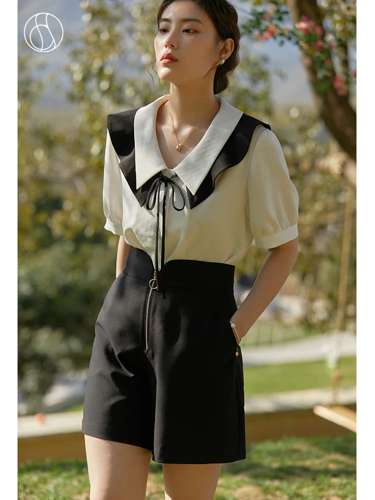 

DUSHU Detachable Double Collar Tie Women's Shirt 2022 Summer New Sweet Age Reduction Elegant Vintage Short-sleeve Female Shirts