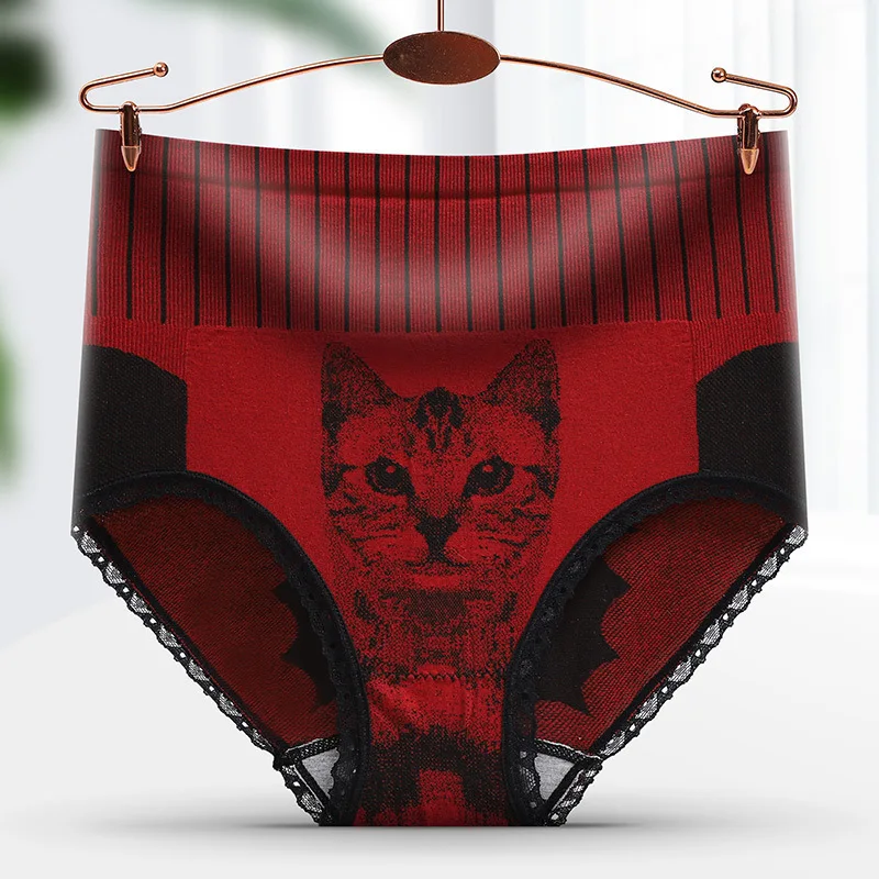 

2022 new Cute cat high-waisted, belt-in, hip-lift, lace girdle, ladies underwear, seamless oversized briefs, ladies underwear