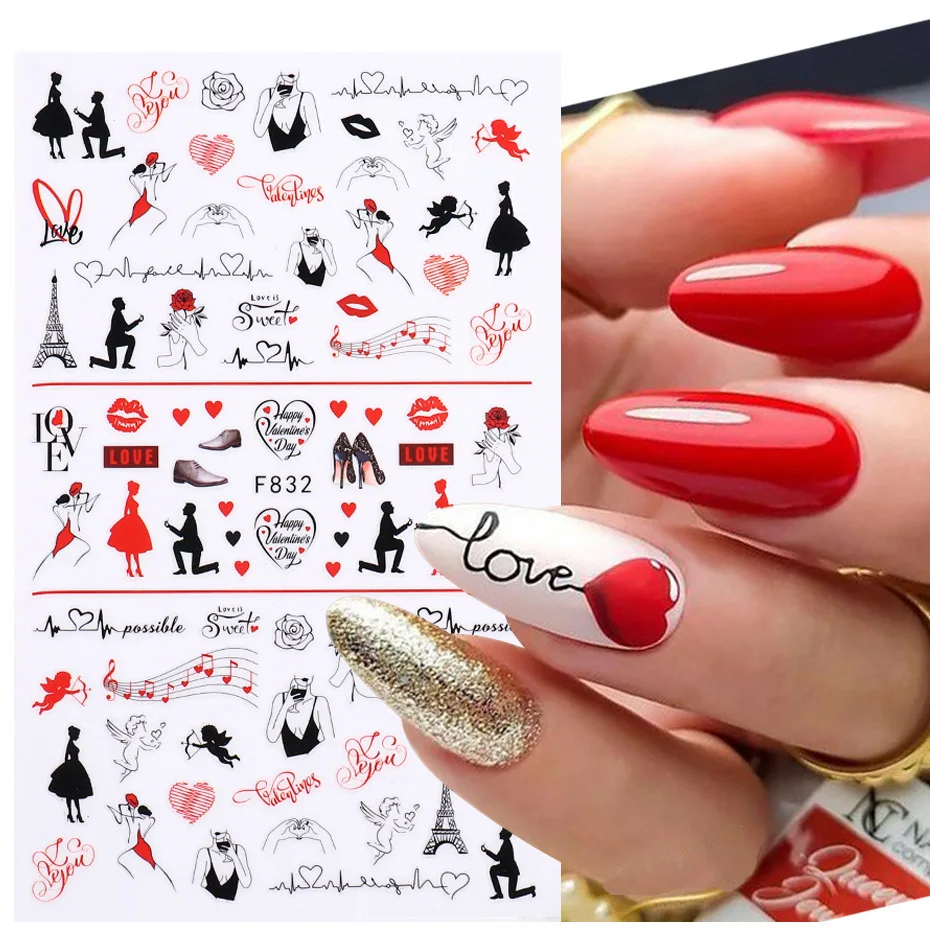

1pcs Romantic Valentines Day Nails Love Tower Red Lips Rose Fower Laser 3D Nail Sticker Decals Nail Design for Adhesive Wraps