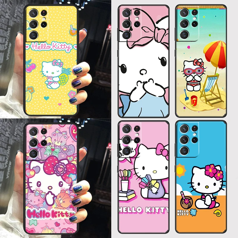 

Cartoon Hello Kitty Gift Case For Samsung Galaxy S22 S21 S20 FE Ultra Plus S10 S9 S8 5G Black Soft Phone Cover Capa Shell Coque