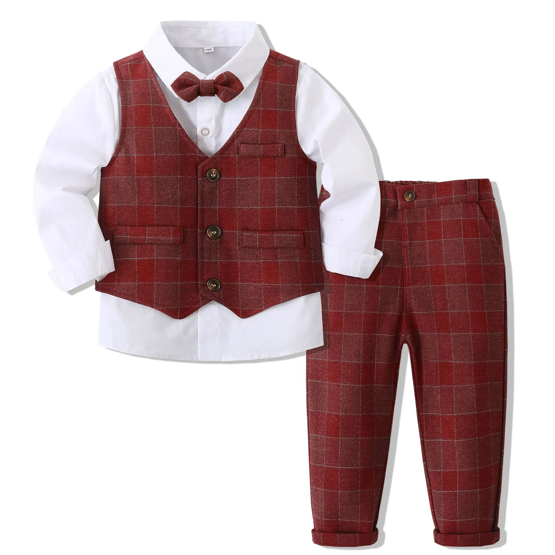 

Wedding Flower Boys Clothes for 1-5Y Kids Classic White Shirt with Plaid Vest Pants Children Cotton High Quality Formal Outfits