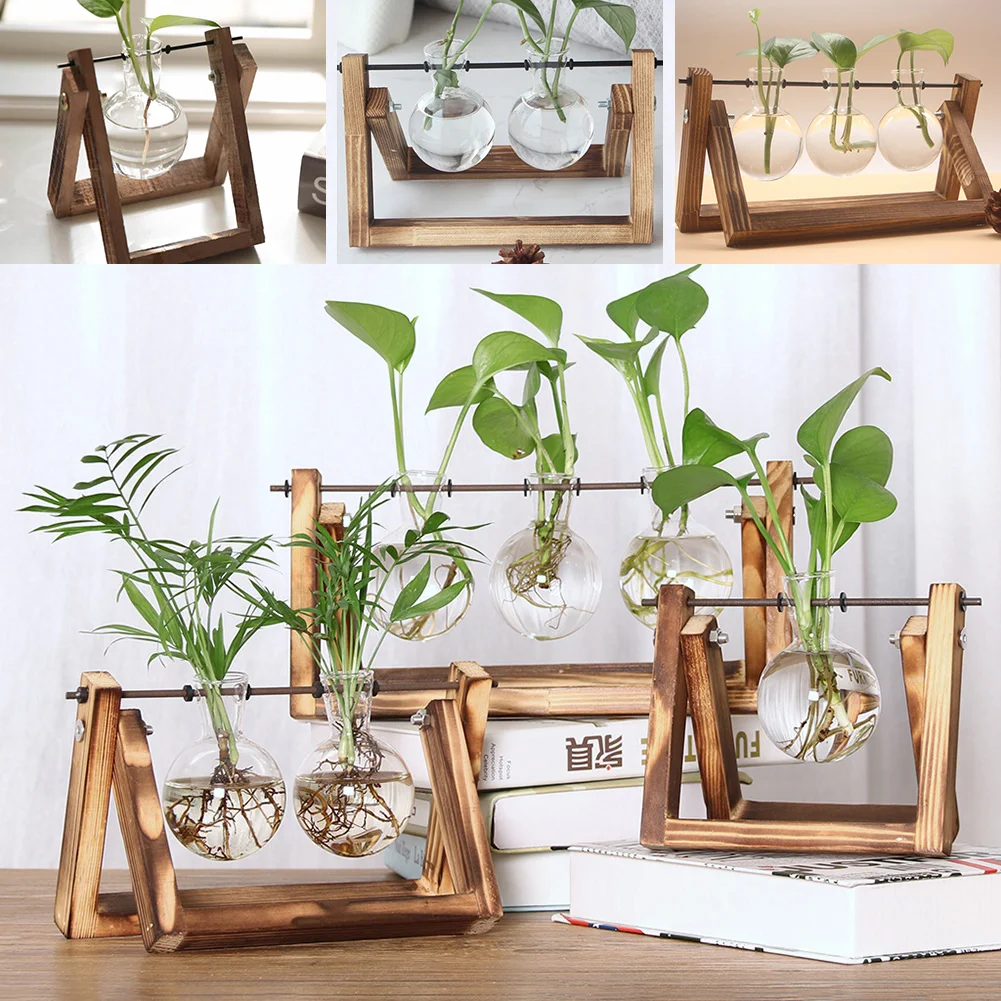 

Plant Glass Vase with Wooden Stand Transparent Plant Terrarium Retro Tabletop Hydroponics Plant Bonsai Home Decoration