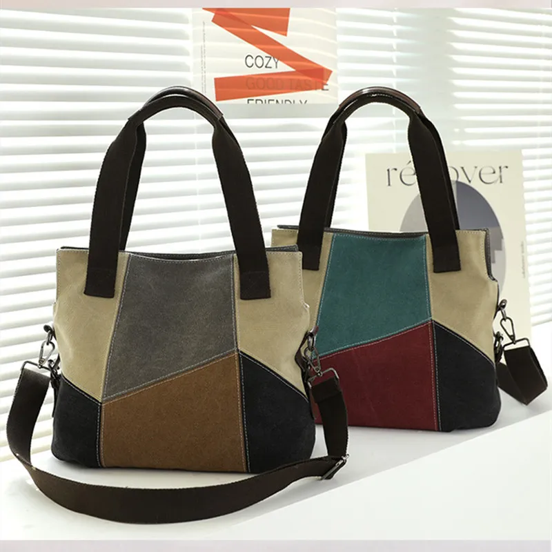 Fashion Stitching Contrast Tote Bags Casual Commuter Crossbody Large Capacity Handbag  Women's Canvas Luxury Retro Shoulder Bag
