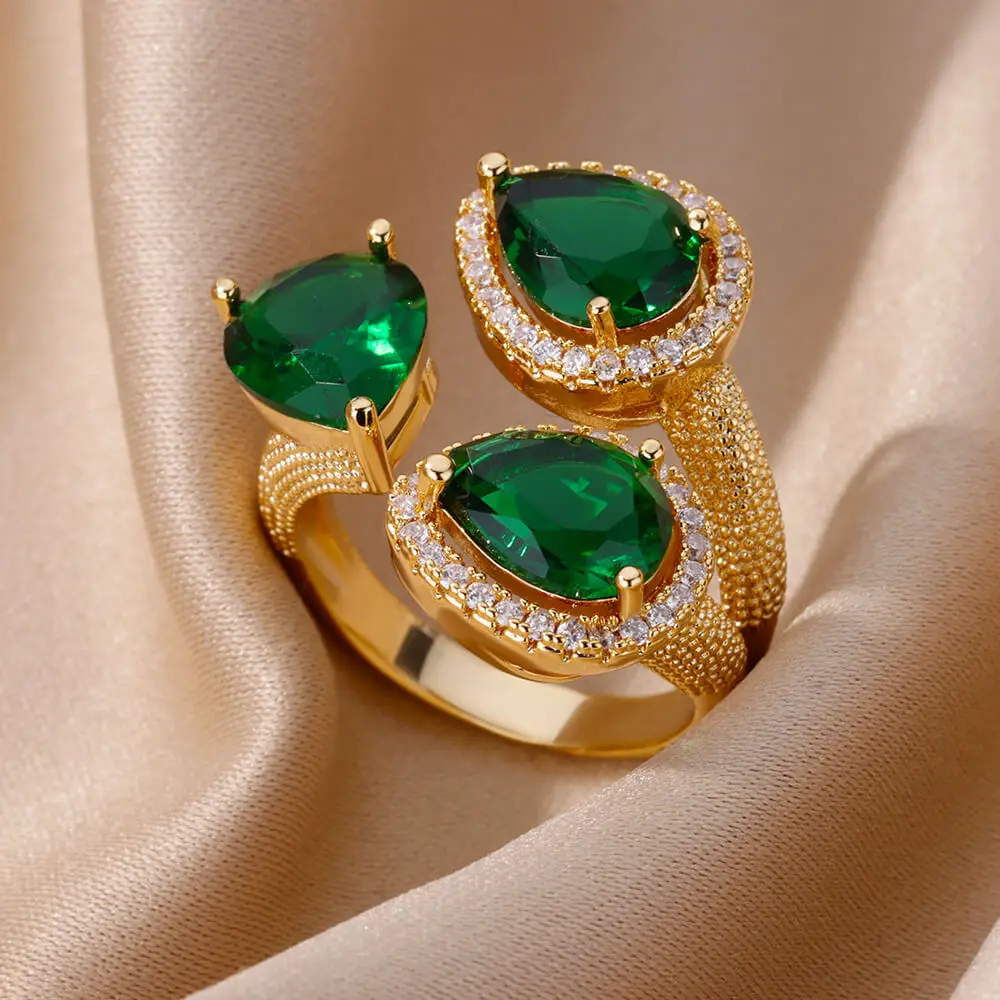 

Green Zircon Water Drop Rings for Women Opening Stainless Steel Ring 2023 Trend Luxury Couple Wedding Engagement Jewelry anillos