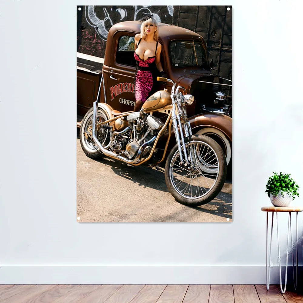 

Pin Up Hot Rod Motorcycle Rider Wall Art Tapestry Banners Flag Posters & Prints Pub Club Man Cave Bar Garage Wall Decor Painting