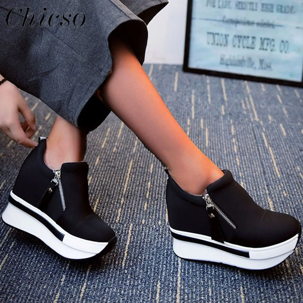 

Casual Canvas Shoes Women Spring New Side Zipper Ladies Pointed Toe Slip On Comfy Loafers Female Height Increasing Platform Shoe