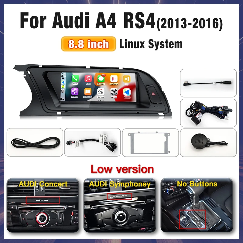 

Автомагнитола с системой Linux 8.8 для Audi A4 A5 S4 RS4 2013-2016, беспроводной CarPlay, Android Auto, MMI, мультимедиа, GPS-навигация, IPS-экран