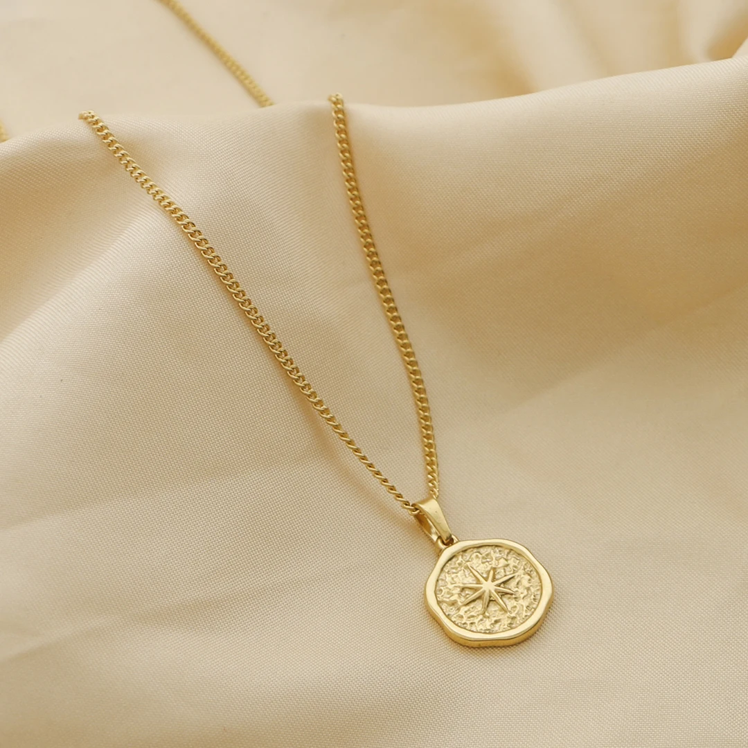 

Dainty Jewelry 18k pvd Gold Plated Stainless Steel North Star Compass Coin Pendant Necklace Chain Layer Necklace Tarnish Free