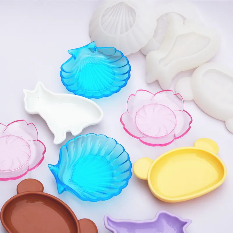 

DIY Crystal Resin Mould Cute Bear head Tray Mold Cat Shell Flower Dish Plate Handmade Uv Epoxy Plaster Silicone Mold For Resin