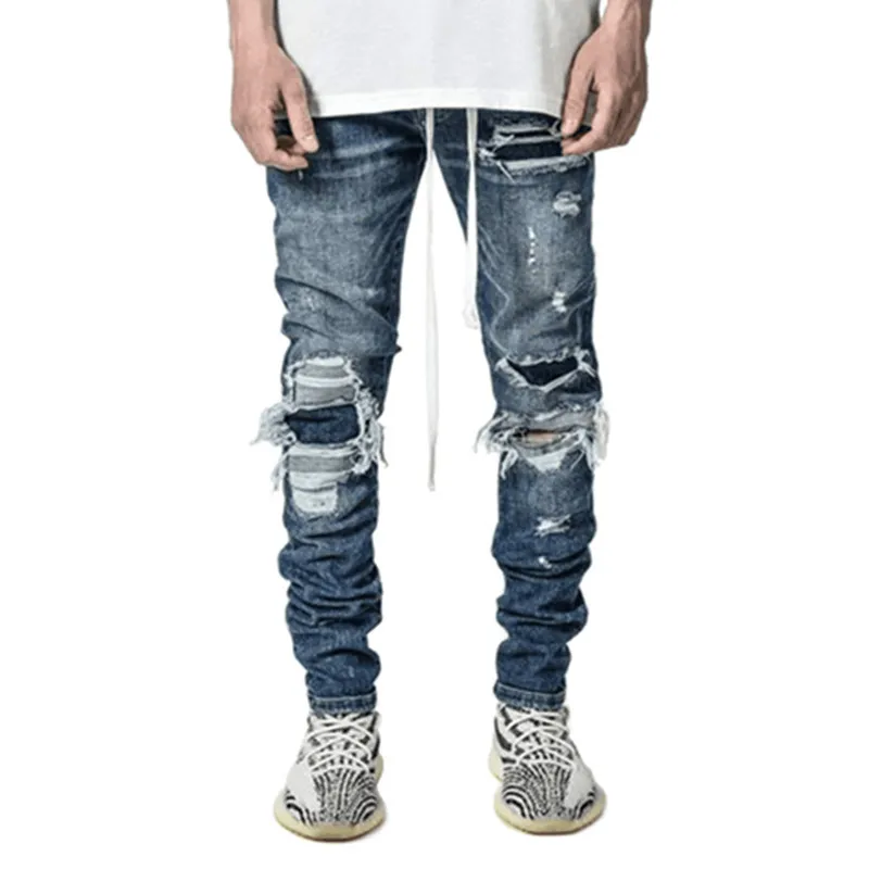 Men Jeans High Street Trend Personality Ripped Jeans Men's Slim Pencil Pants Full Length Denim Jeans Trousers