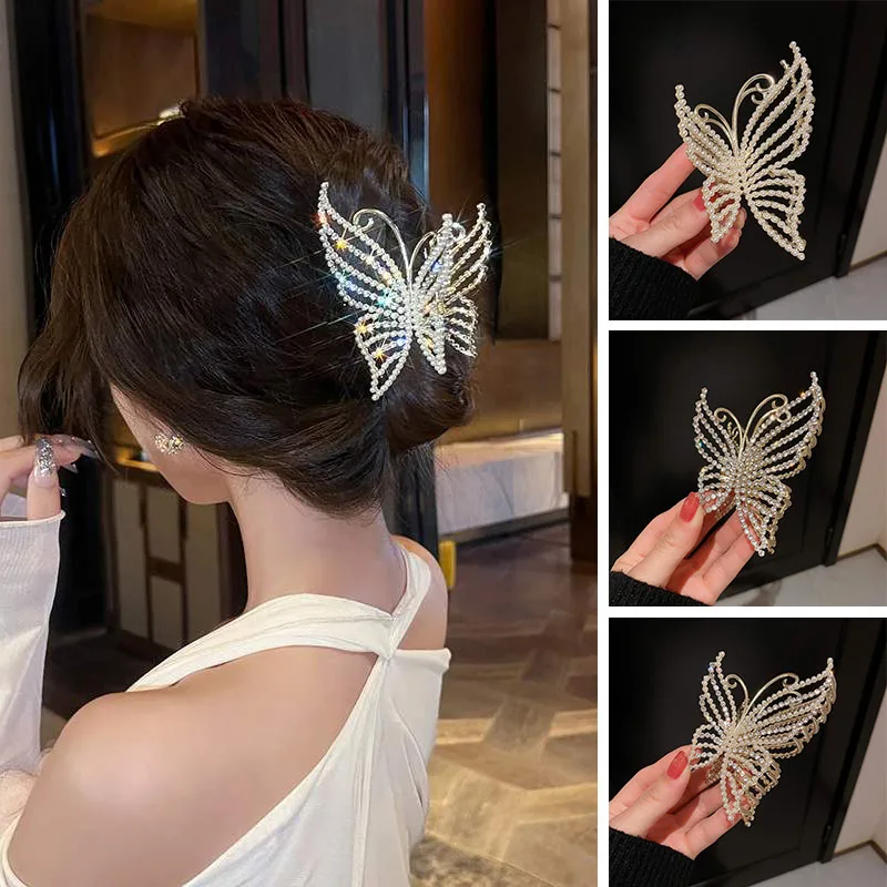 

Exquisite Rhinestone Butterfly Hair Claw Clips for Women Elegant Pearl Hair Crab Barrette Headwear WOMAN HAIR CLIP Ponytail Clip