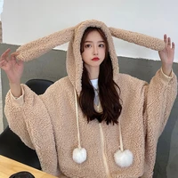 kawaii female bunny ear hoodies oversized loose zip up sweatshirt women long sleeve sweet rabbit hooded winter warm sweatsuit