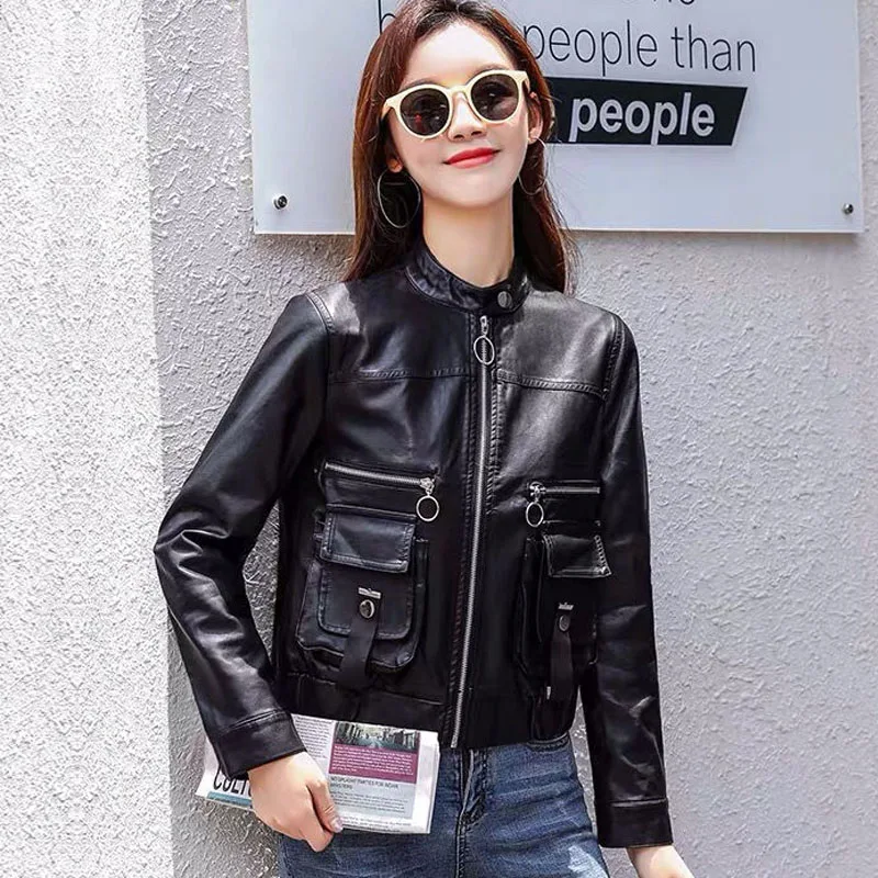 1pcs Women's PU Leather Short Jackets 2022 Autumn Fashion Faux Fur Zipper Small Pocket Splicing Ladies Skinny Locomotive Coats