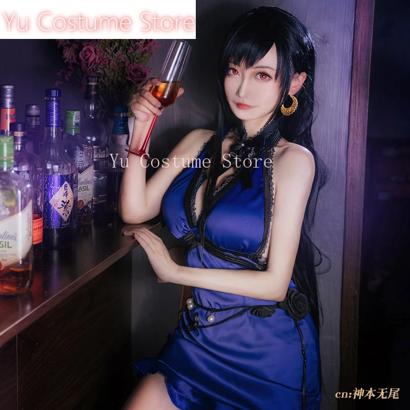 Аниме! Final Fantasy 7 костюм Тифа Локхарт синее платье сексуальная униформа