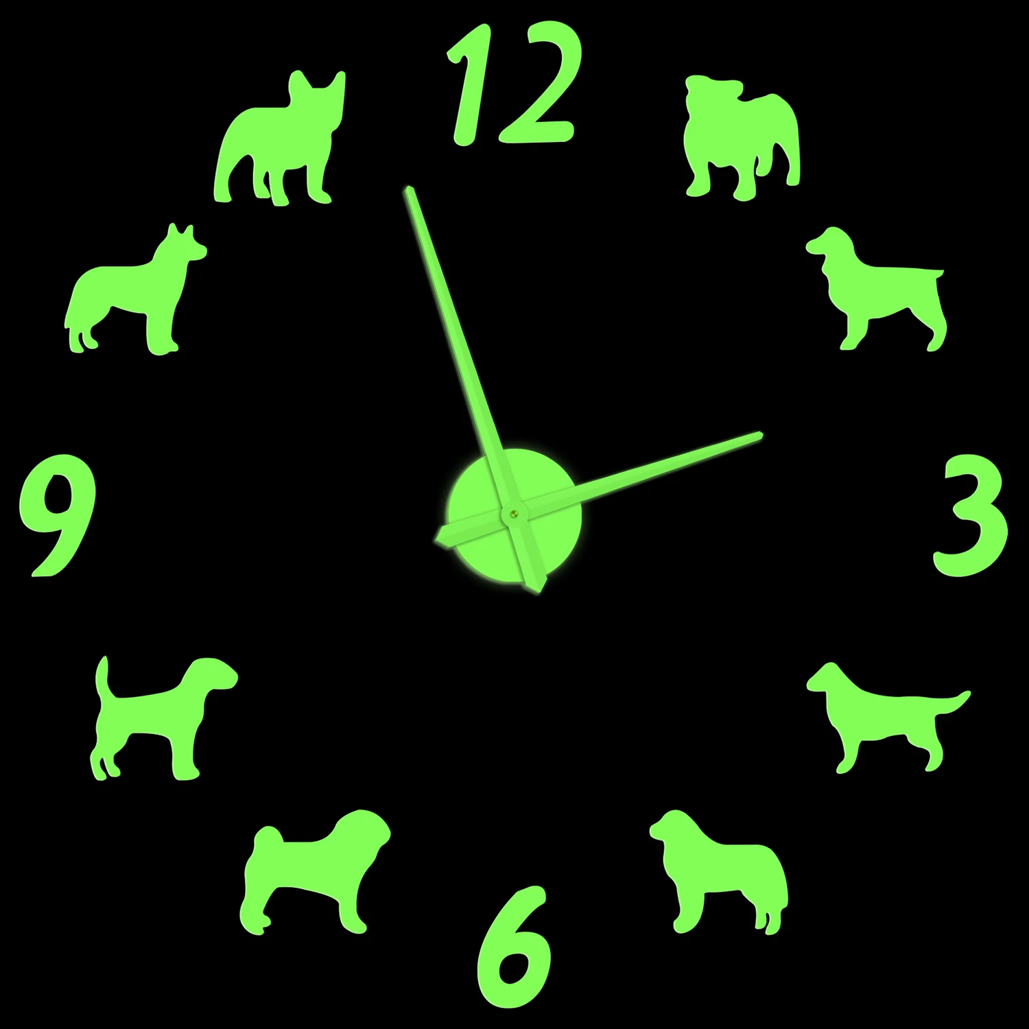

Different Dog Breeds DIY 3D Acrylic Wall Clock Glow in Dark Pet Shop Decor Puppy With Arabic Numerals Giant Luminous Wall Watch