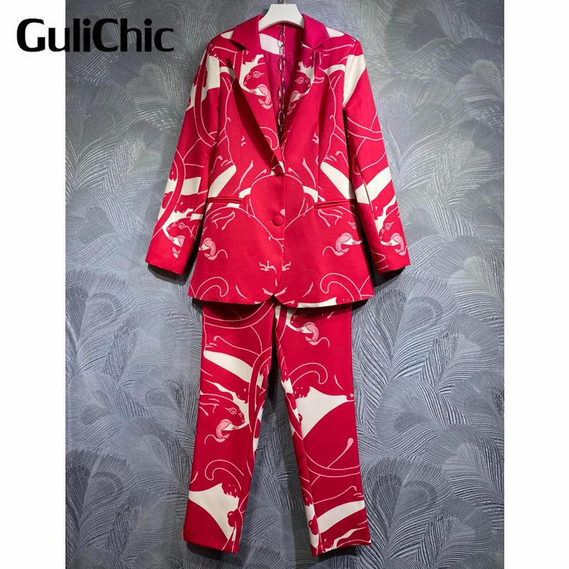 

8.16 GuliChic Women High Qaulity Contrast Color Animal Print Blazer And High Waist Straight Pants Office Ladies Set