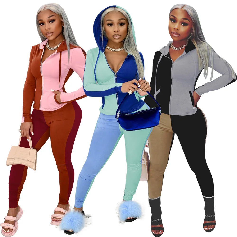 

Sweatsuits for Women Pocket Zipper Hoodies Stretch Tight Pants Color Matching Jogging Sets Fashion Two Piece Sets Wholesale