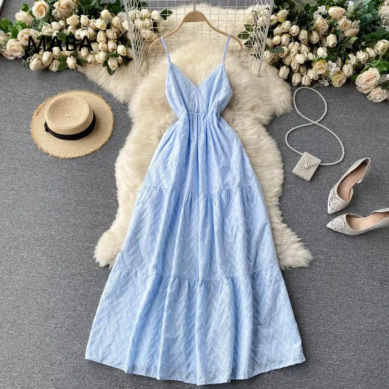 

Boho Sexy Dresses Women Summer New V-neck Backless High Quality Embroidery Beach Style Holiday Long Spaghetti Strap Dress Ladies
