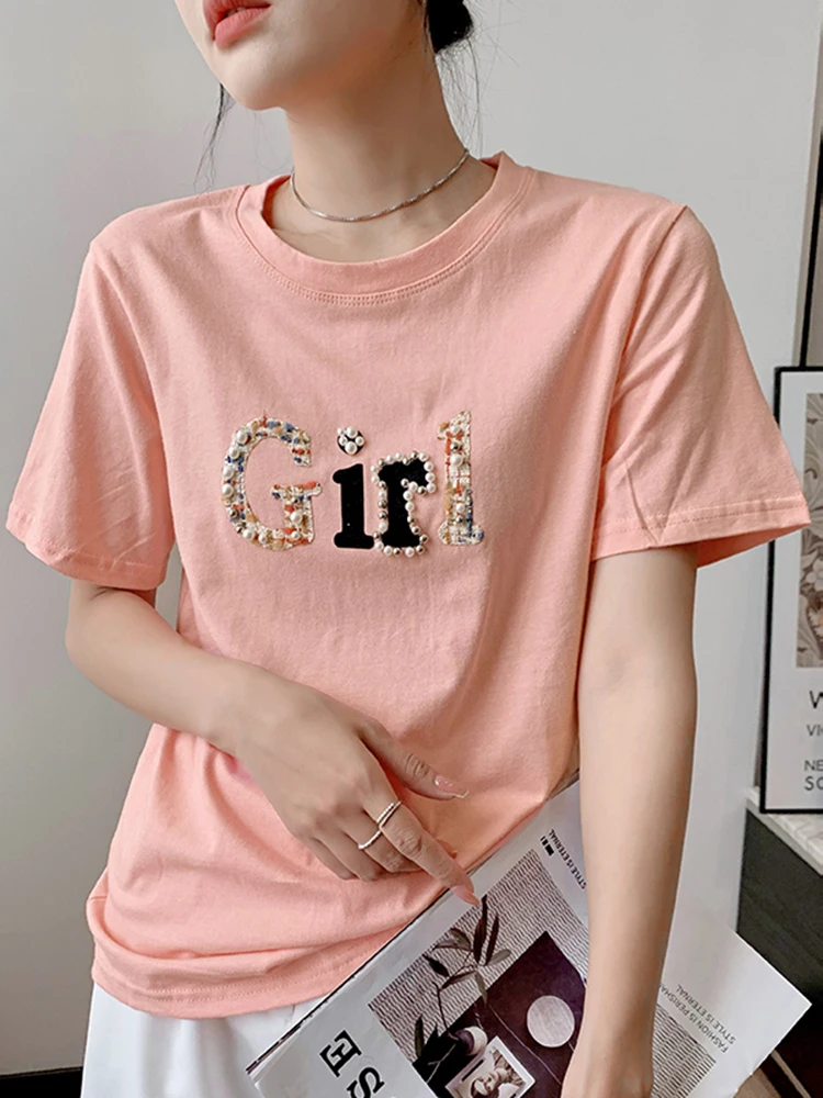 

gkfnmt Women T Shirt Summer Short Sleeve Tops Sequins Beading White Pink Tshirt Cotton Korean T-shirt Women Clothes Tees Femme
