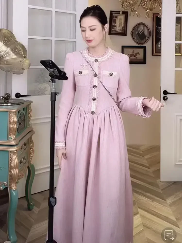 

Женское платье с длинным рукавом, Элегантное Длинное платье розового цвета с высокой талией, весна-осень 2023
