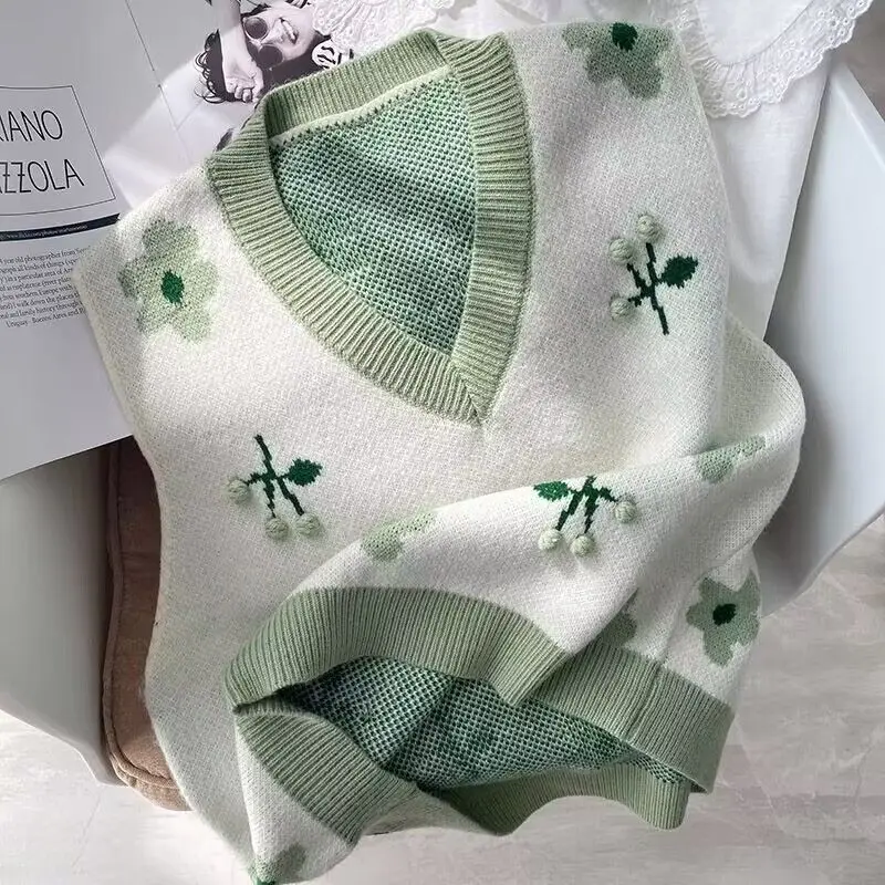 Женский весенний шикарный зеленый вязаный жилет с цветочным принтом белые