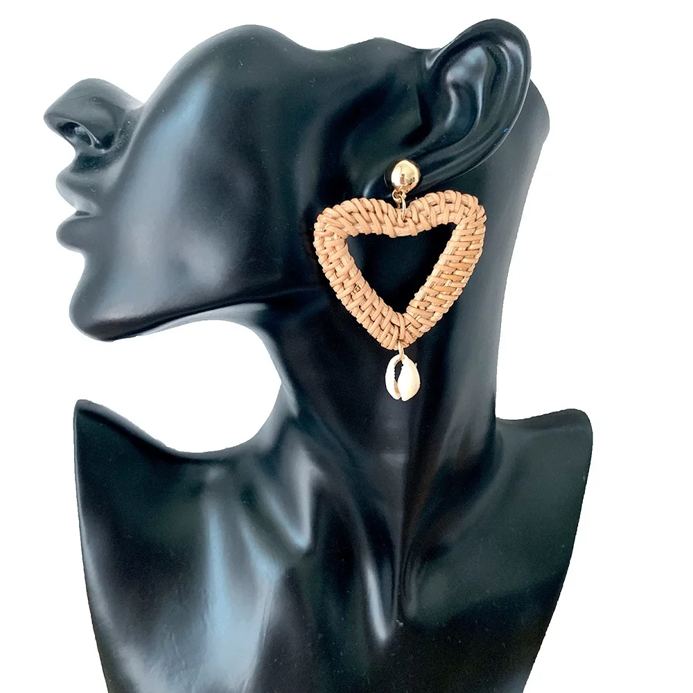 Корейские винтажные серьги из ротанга с геометрическим сердцем серьги-гвоздики