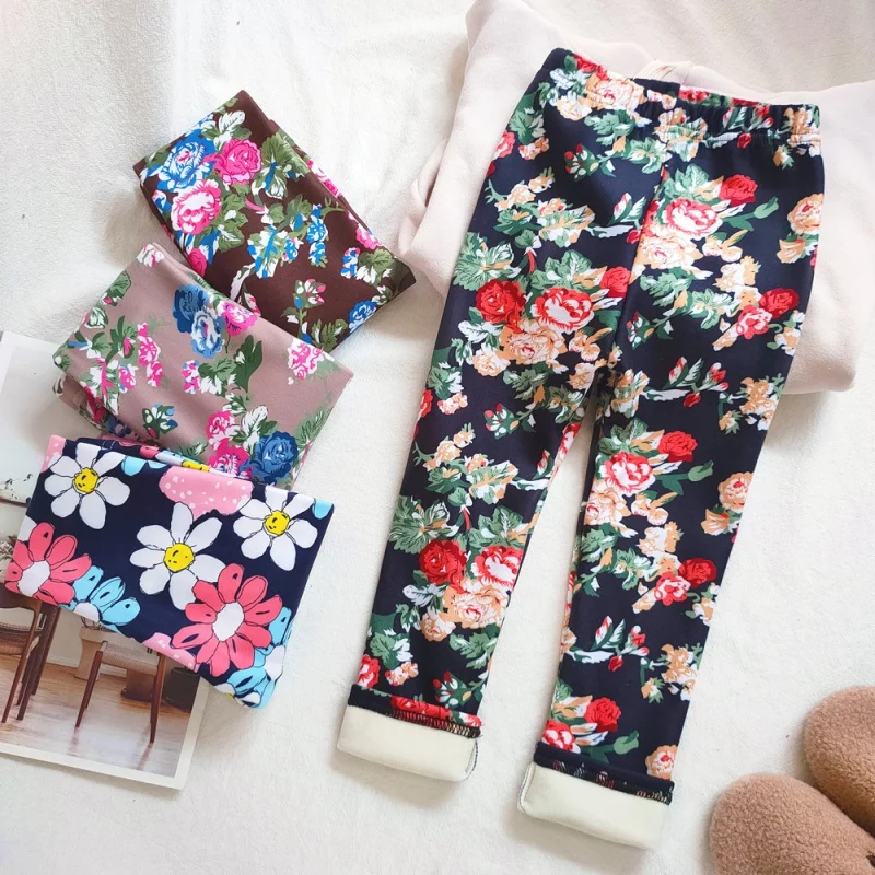 

Autumn and Winter Children Floral Kidsleggings Sweet Retro Printing plus Velvet Girls Slim Fit Long Pants