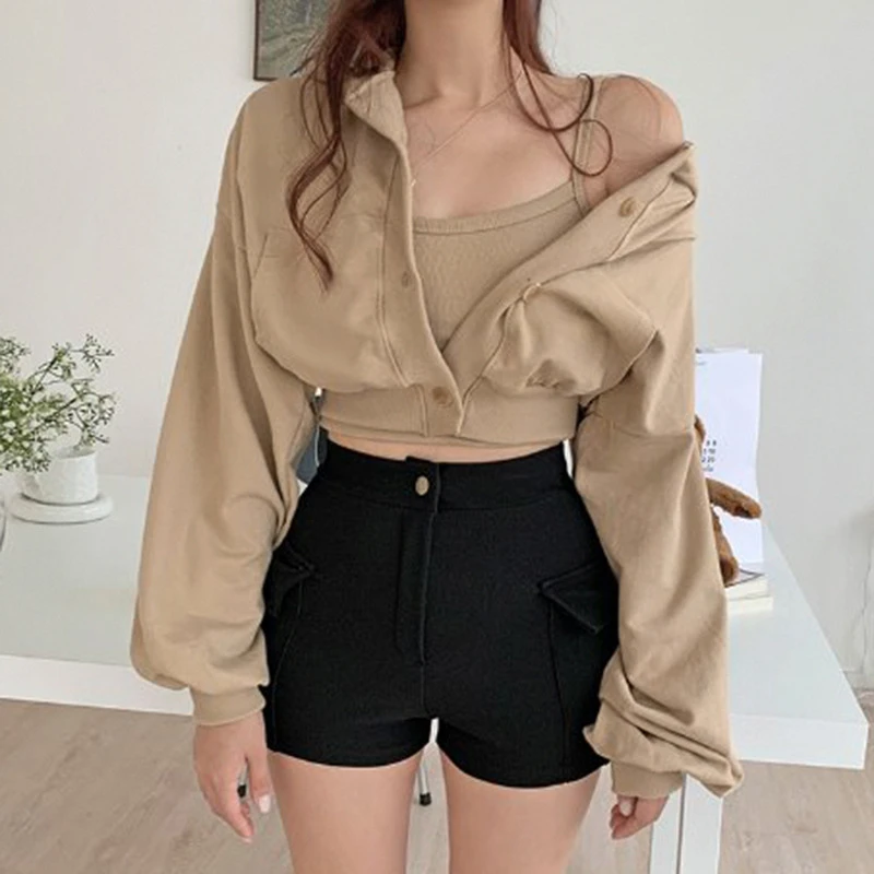 

Spring Fashion Loose Plain Long Sleeve Single-breasted Women Casual Short Hooded Jackets Girl Outwear Clothes Crop Top & Camis