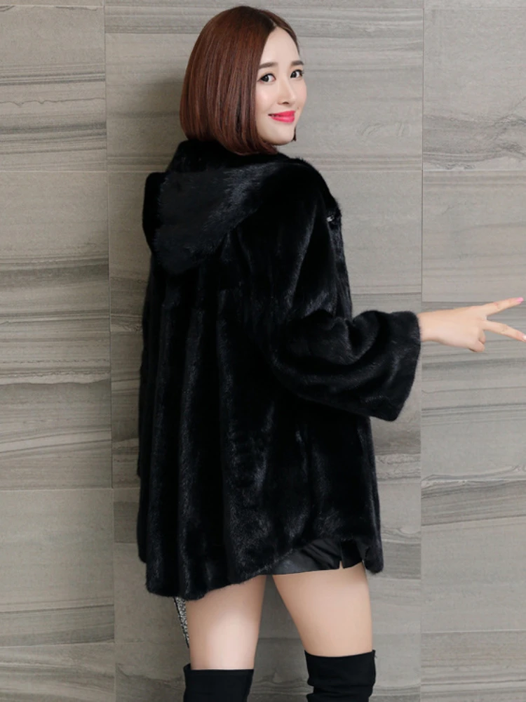 ICCLEK Winter mink coat female whole mink hooded medium long Haining imitation mink fur plush coat