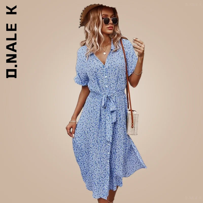 

D.Nale K Casual Short Sleeve Button Holiday Midi Dresses 2022 Women Floral Dress Summer Female V-Neck Beach Boho Chic Dress